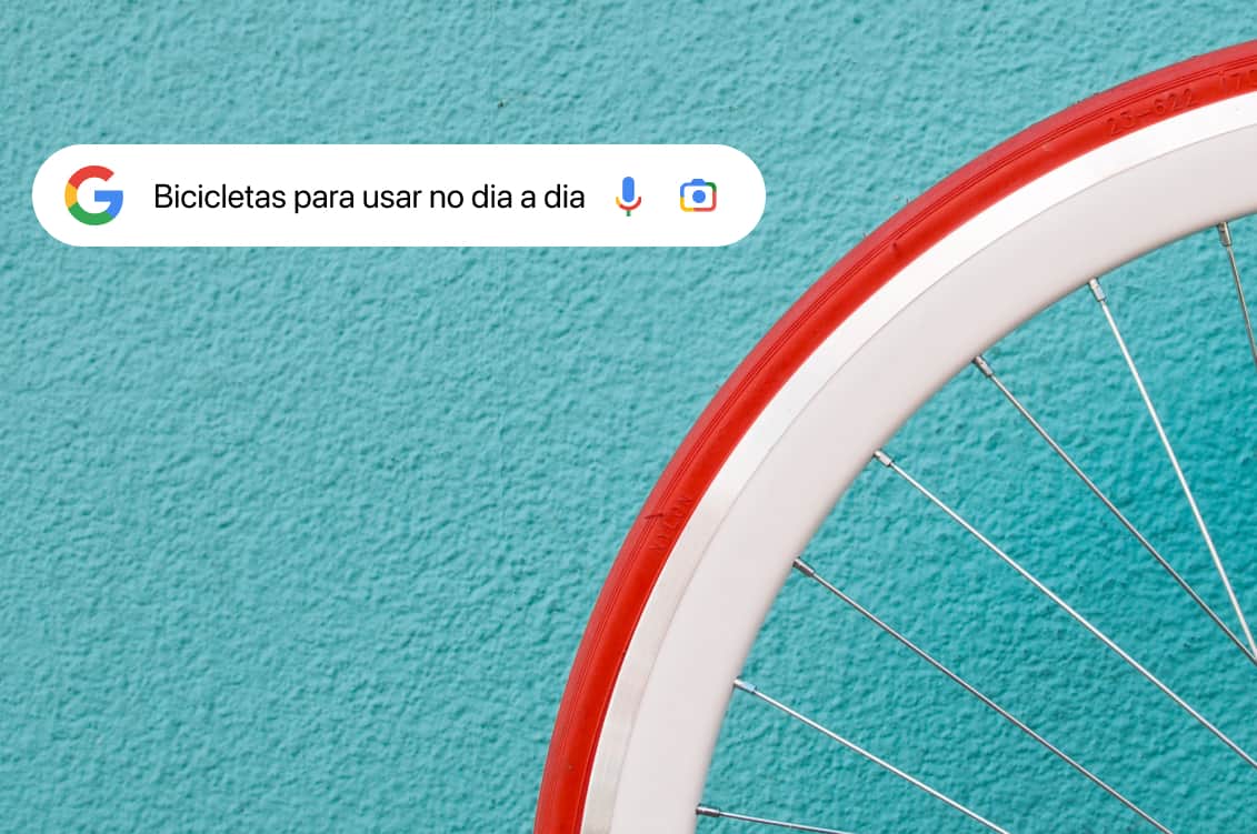 Foto de uma roda de bicicleta com a barra de busca do Google